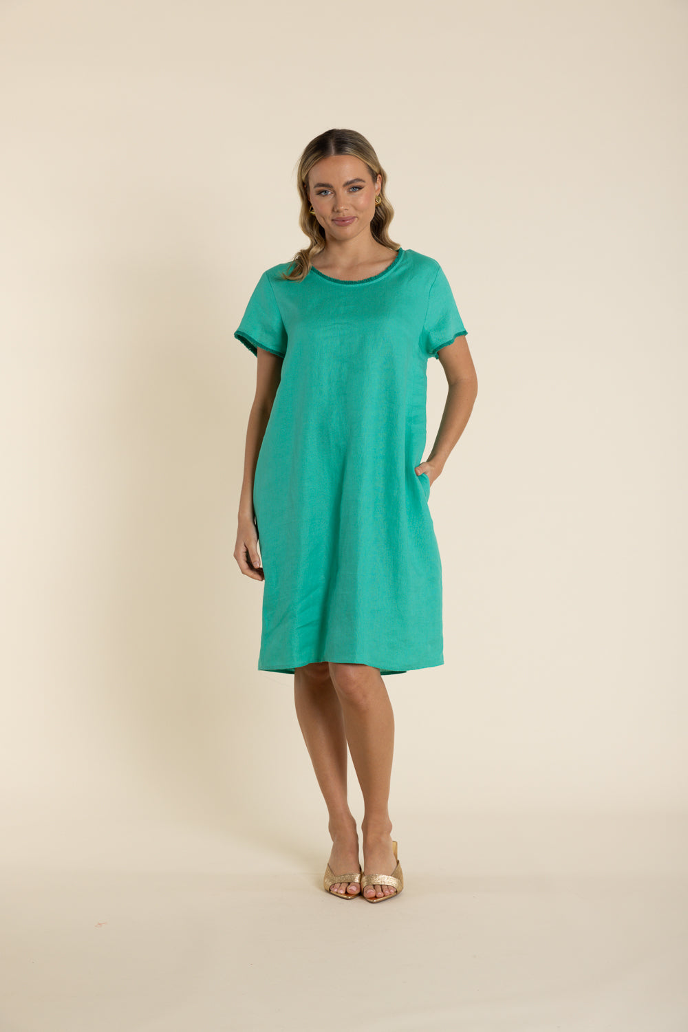 2938 Linen Frill Trim Detail Dress