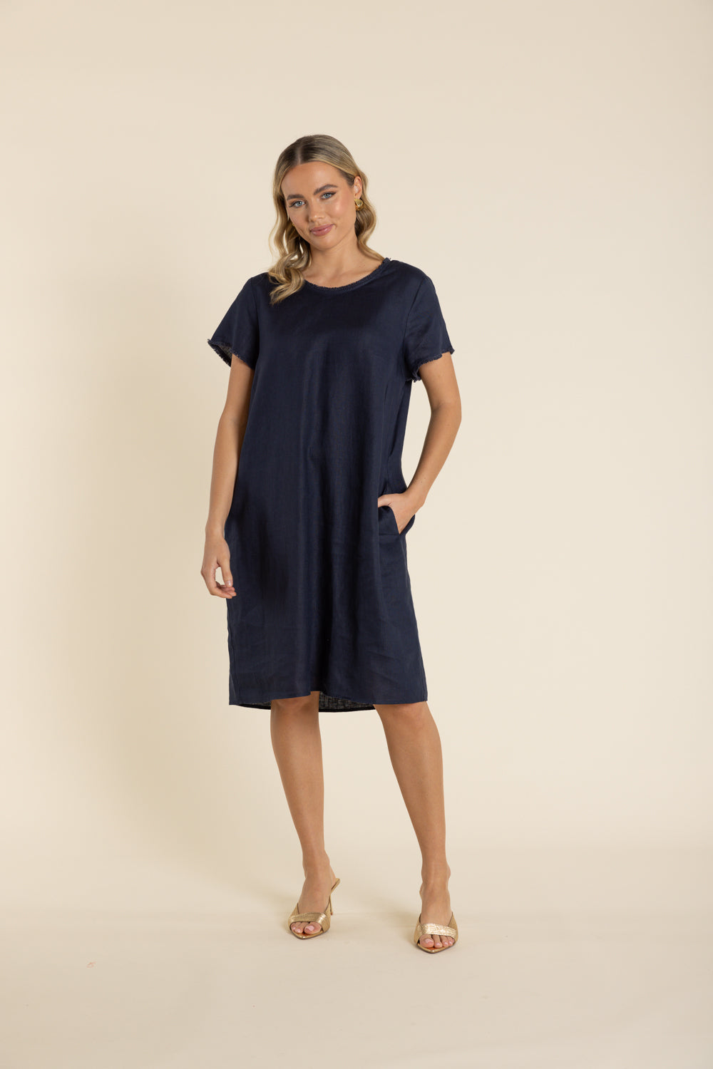 2938 Linen Frill Trim Detail Dress