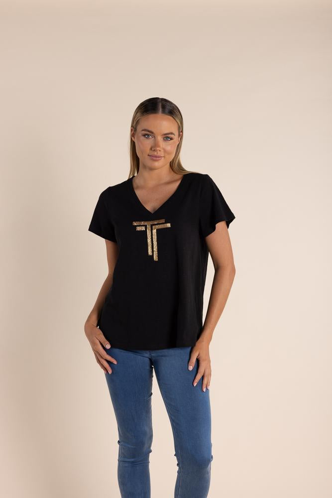 2819 - LOGO SEQUIN V NECK T-SHIRT-GOLD SEQUINS