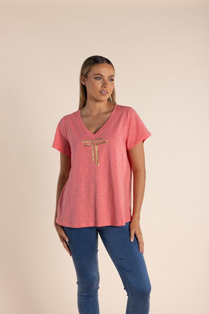 2819 - LOGO SEQUIN V NECK T-SHIRT-GOLD SEQUINS