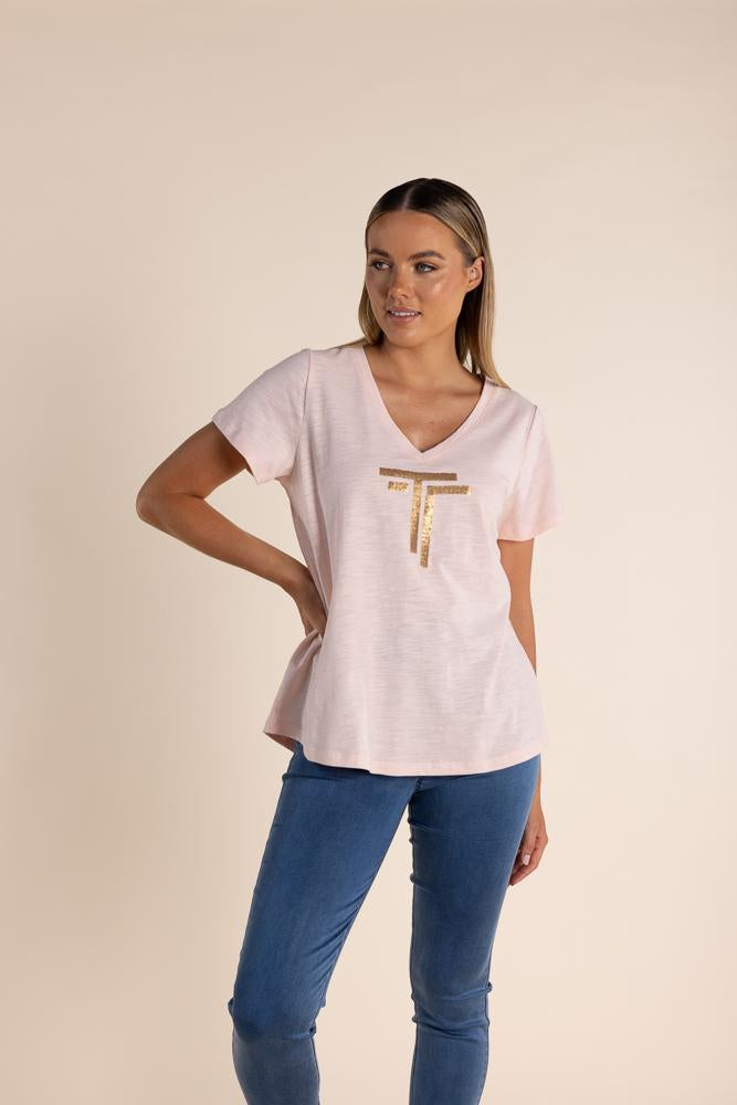 2819 - LOGO SEQUIN V NECK T-SHIRT-GOLD SEQUINS