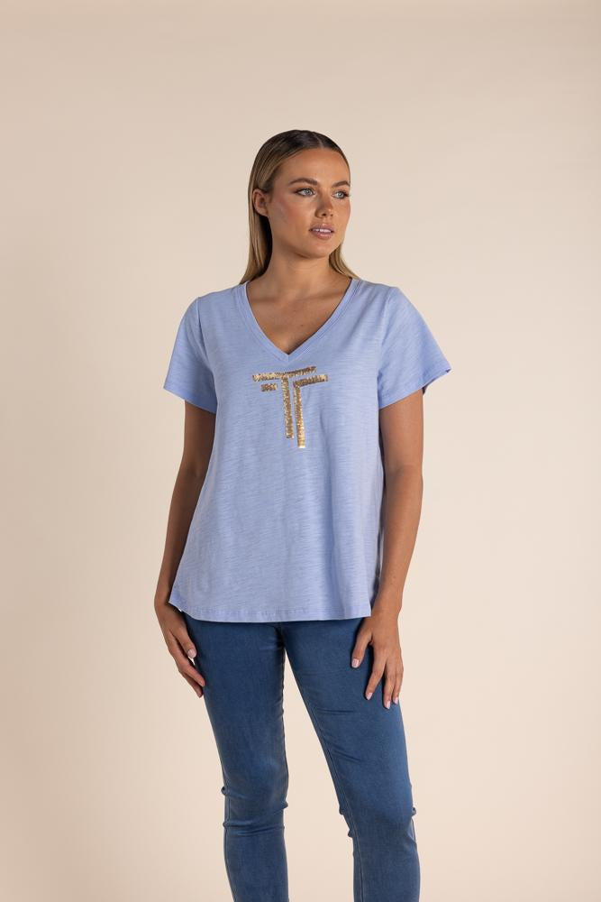 2819 - LOGO SEQUIN V NECK T-SHIRT-GOLD SEQUINS