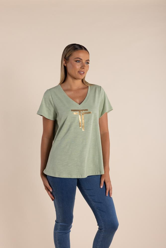 2819 - LOGO SEQUIN V NECK T-SHIRT-GOLD SEQUINS