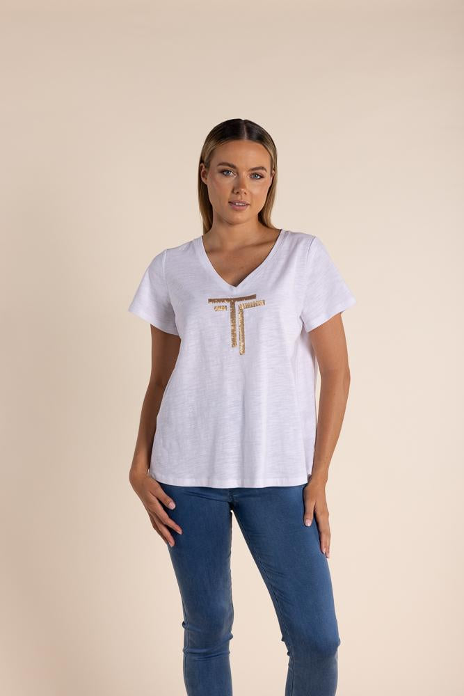 2819 - LOGO SEQUIN V NECK T-SHIRT-GOLD SEQUINS