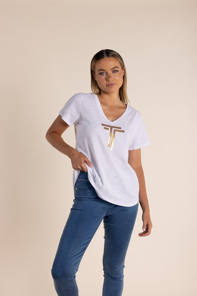 2819 - LOGO SEQUIN V NECK T-SHIRT-GOLD SEQUINS